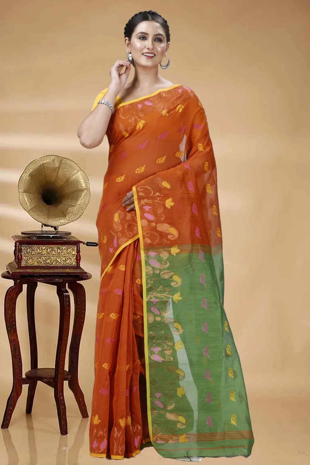 Brown Blended Cotton Banu Hand Loom Saree (1283)