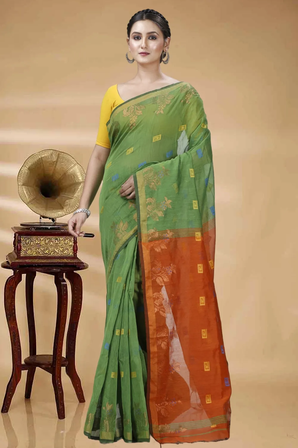 Green Blended Cotton Banu Hand Loom Saree (1285)