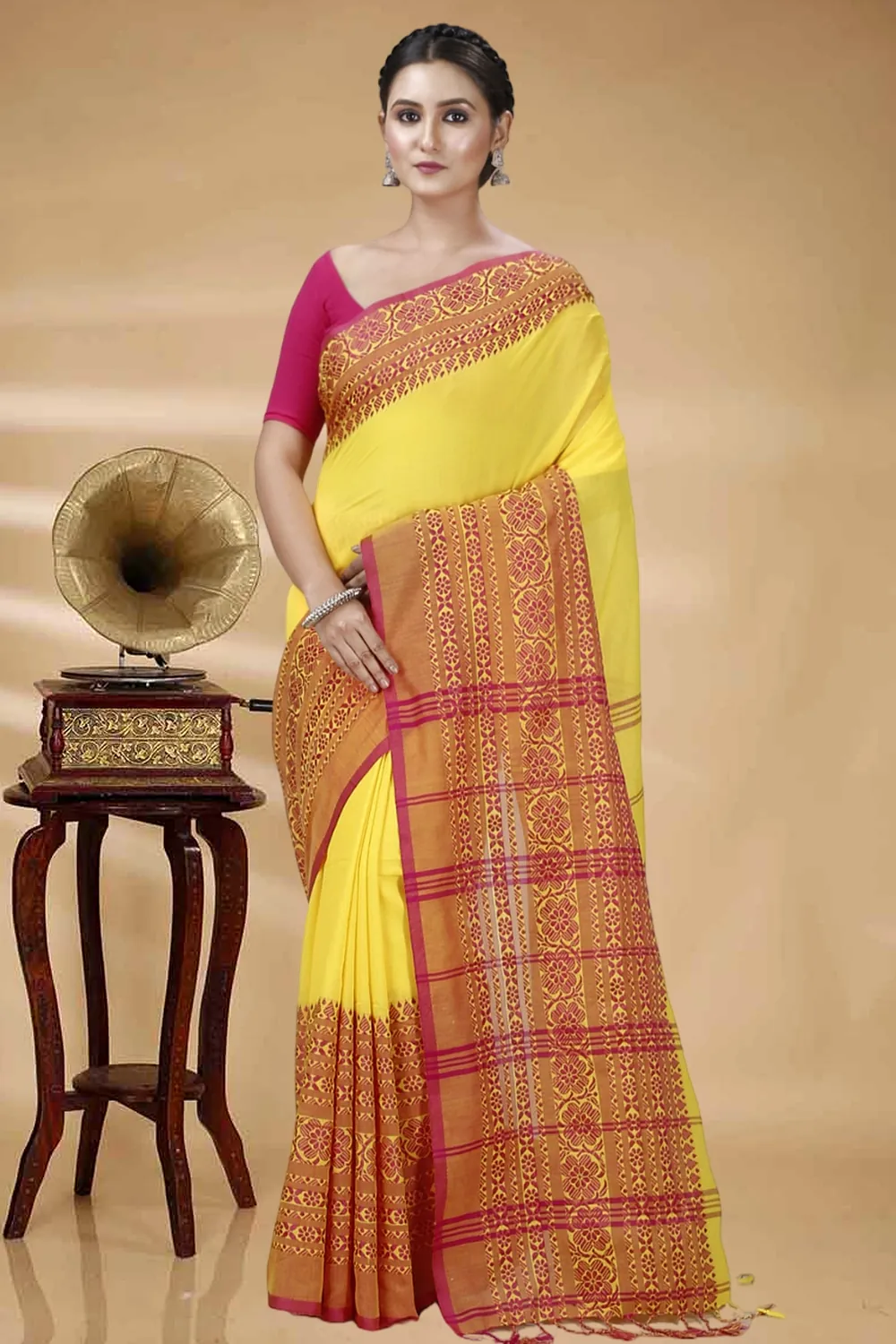 Yellow Red Pure Cotton Begompuri_Hand Hand Loom Saree (1287)