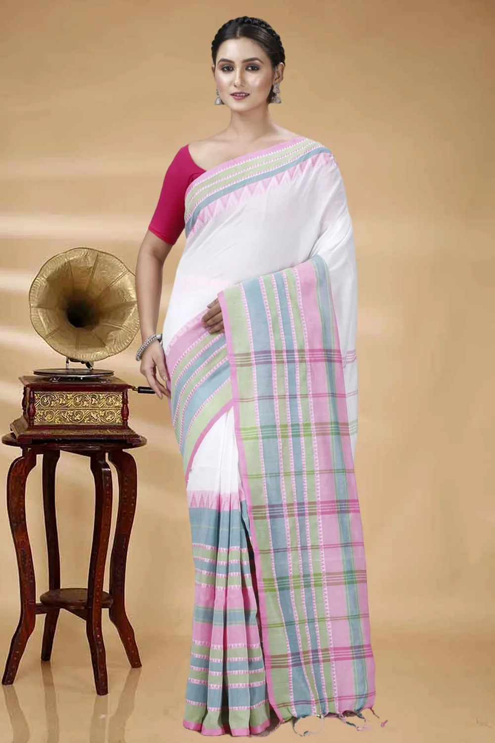 White Pink Pure Cotton Begompuri_Hand Hand Loom Saree (1289)