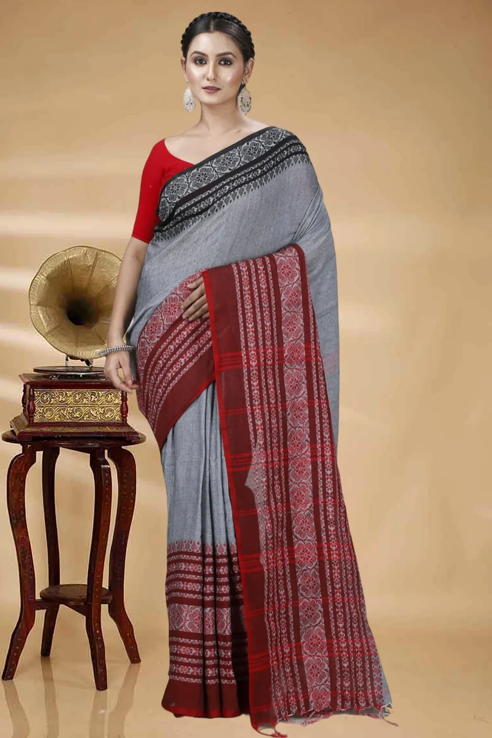 Grey Black Pure Cotton Begompuri_Hand Hand Loom Saree (1291)
