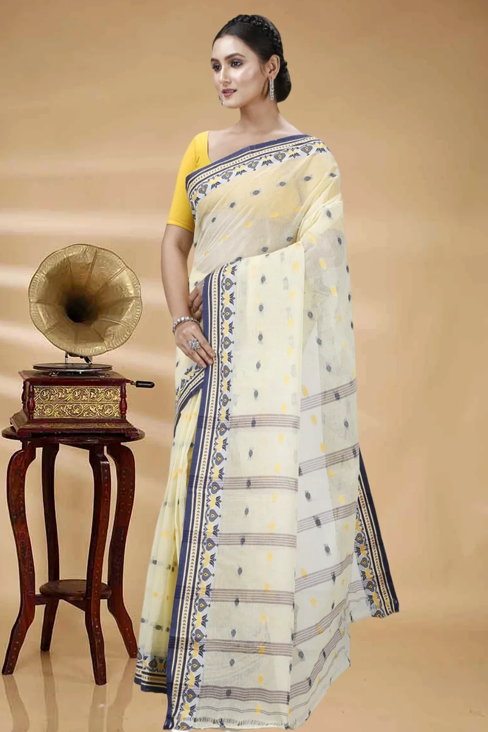 Cream Pure Cotton Uvra Tant Saree (1292)