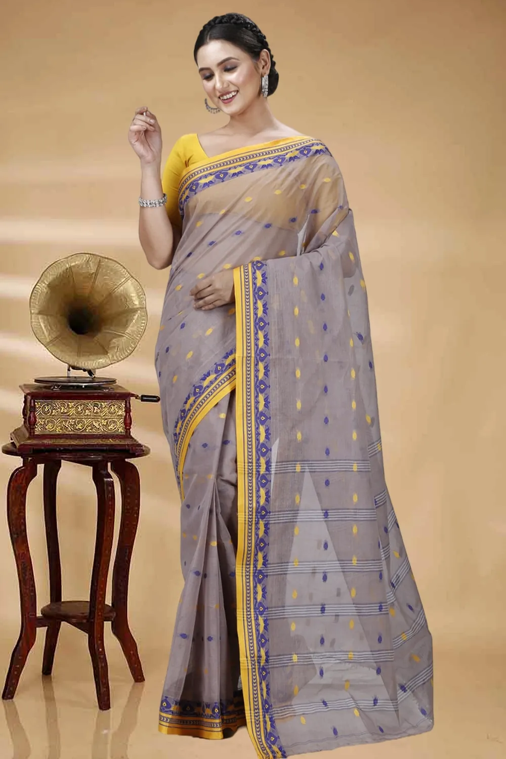 Light Brown Pure Cotton Uvra Tant Saree (1293)
