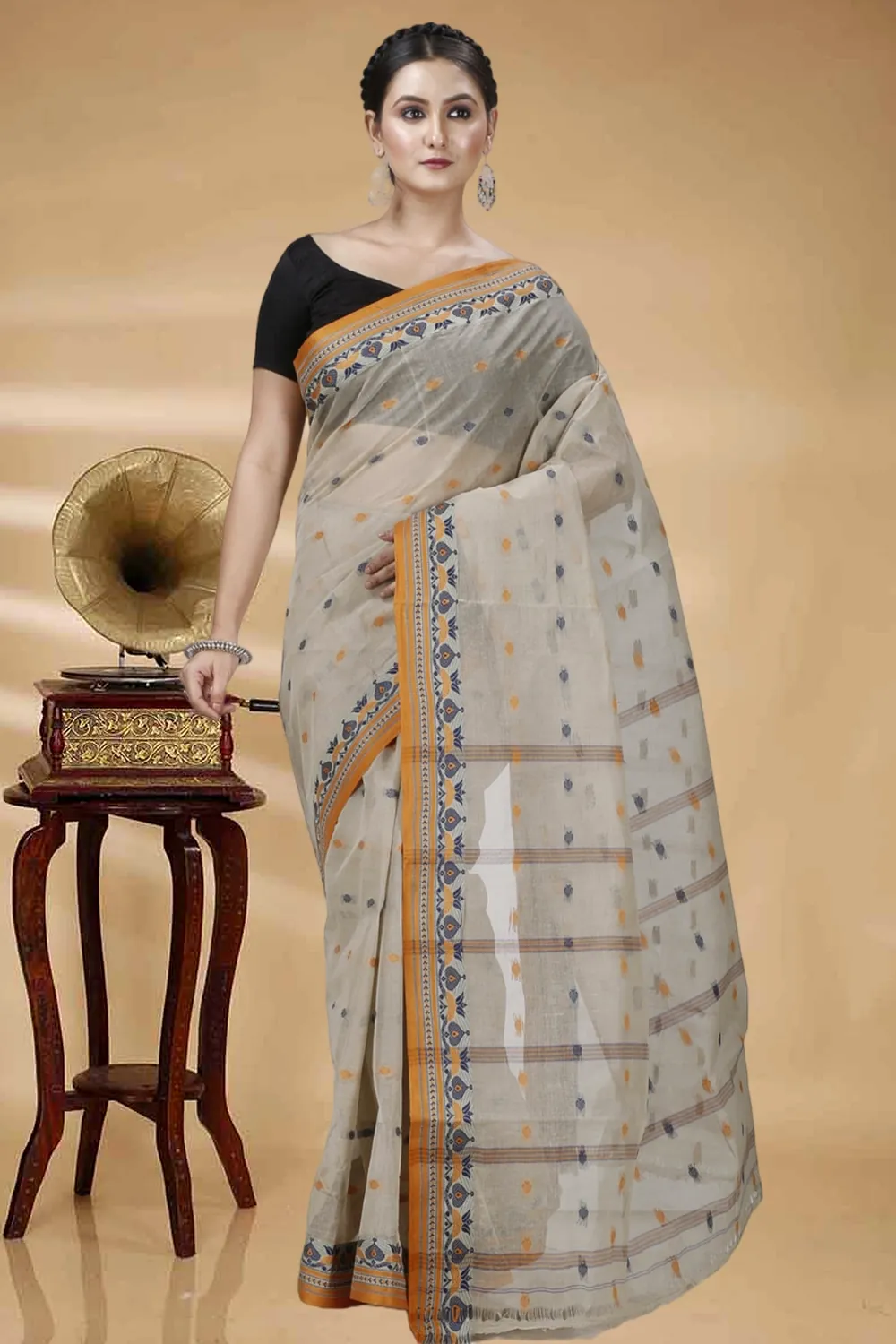 Brown Pure Cotton Uvra Tant Saree (1296)