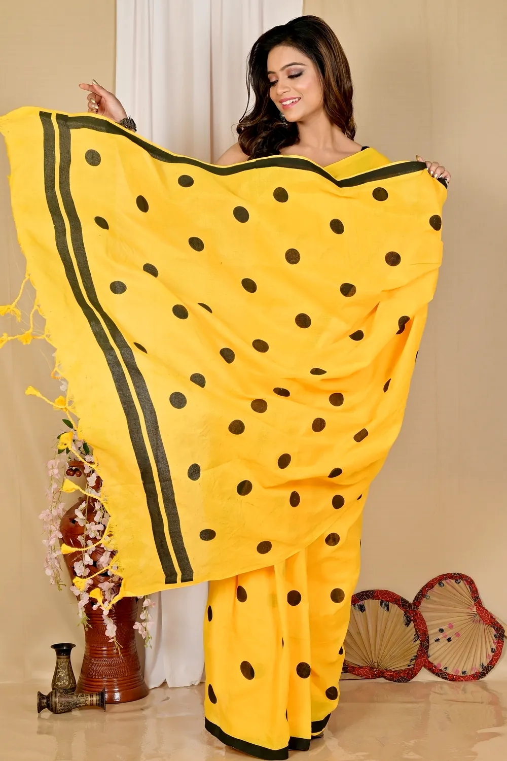 Yellow Pure Cotton Tip Hand Loom Saree (1298)