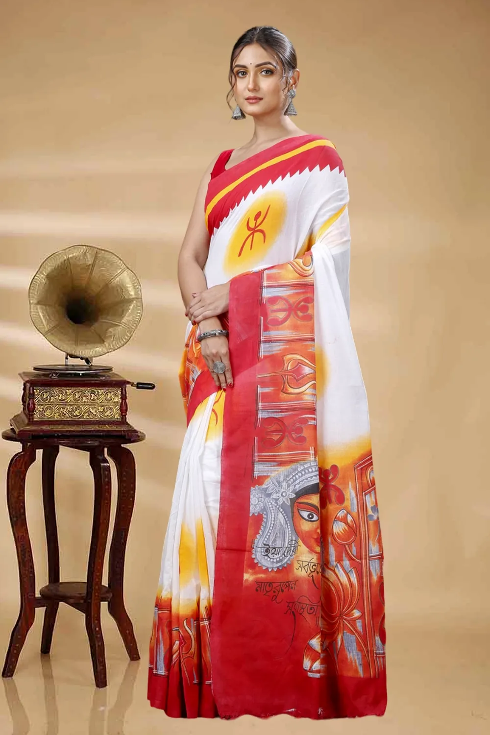 Red Pure Cotton Durga Printed Handloom Saree (1316)