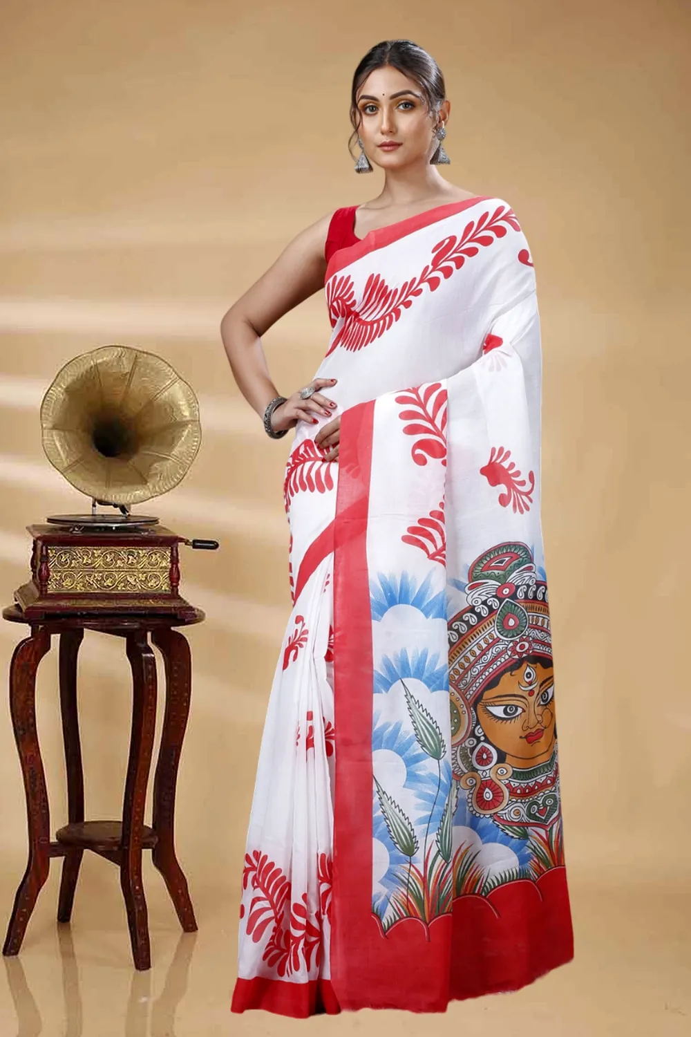 Red White Pure Cotton Durga Printed Handloom Saree (1317)