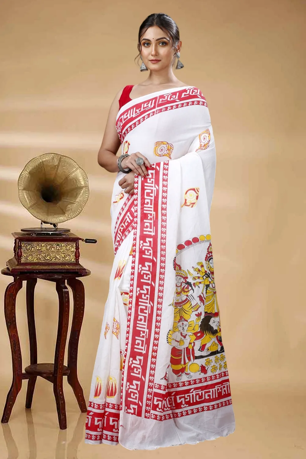 White Pure Cotton Durga Printed Handloom Saree (1318)