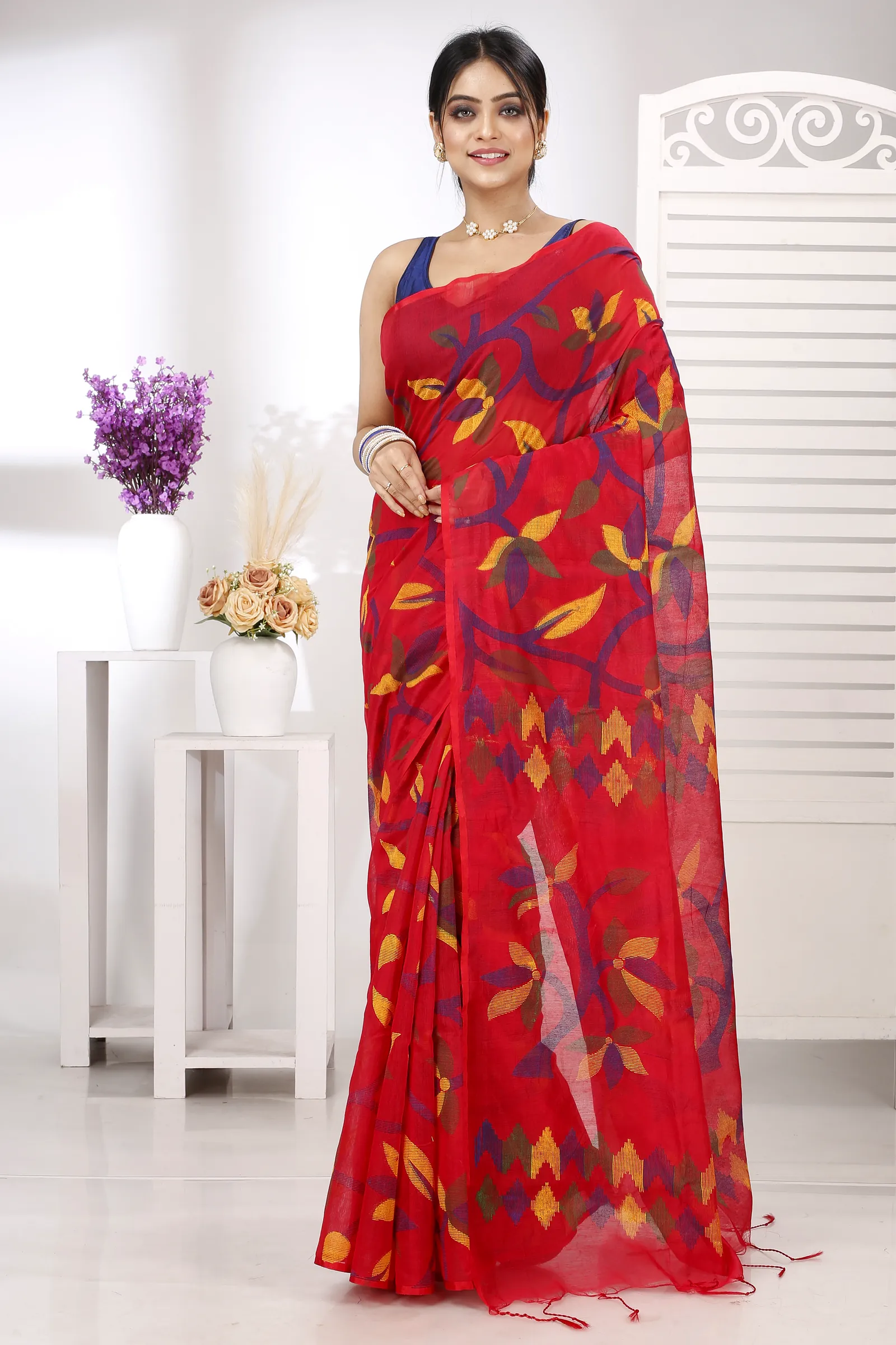 Red Cotton Naren Hand Loom Saree (1321)