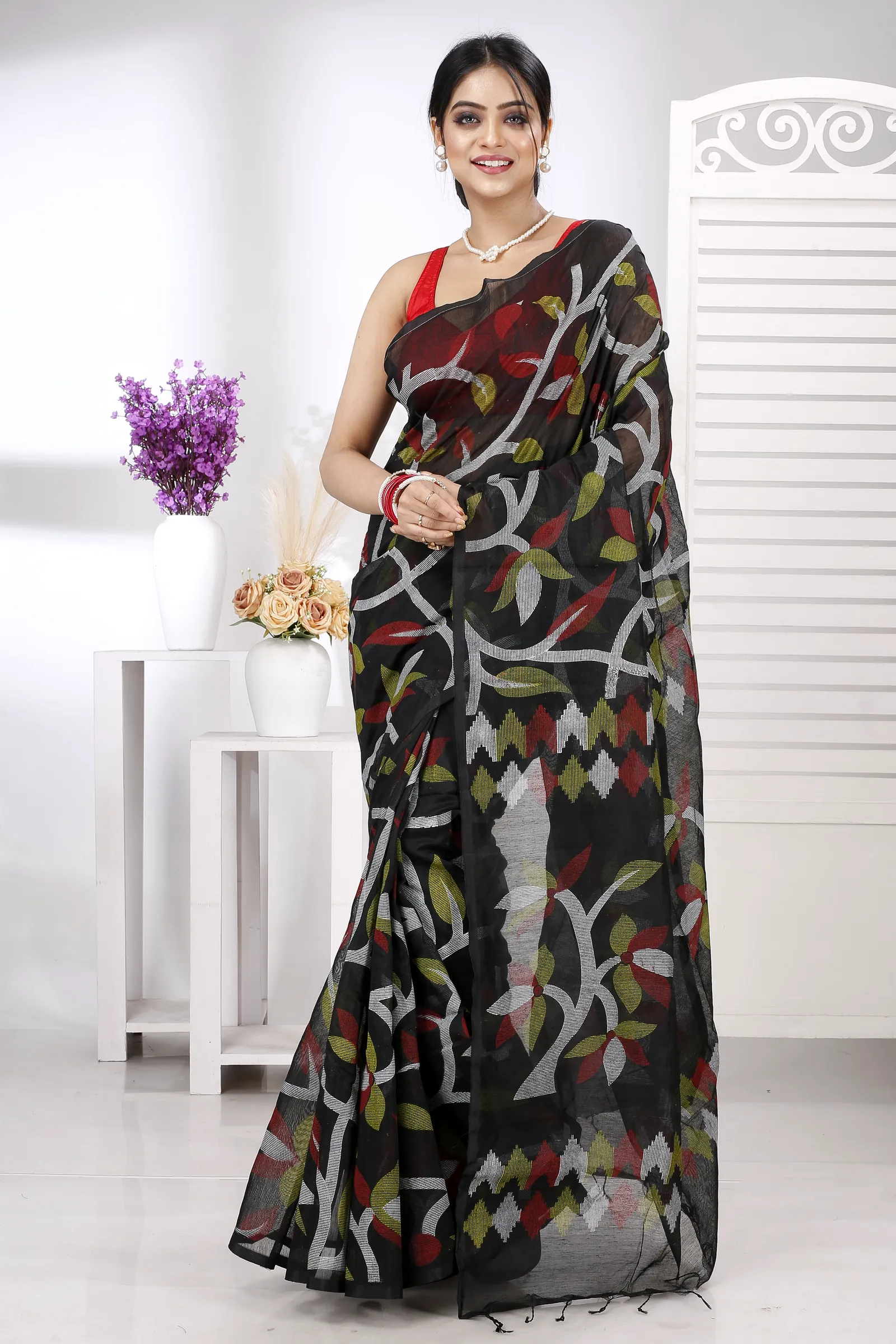 Black Cotton Naren Hand Loom Saree (1324)