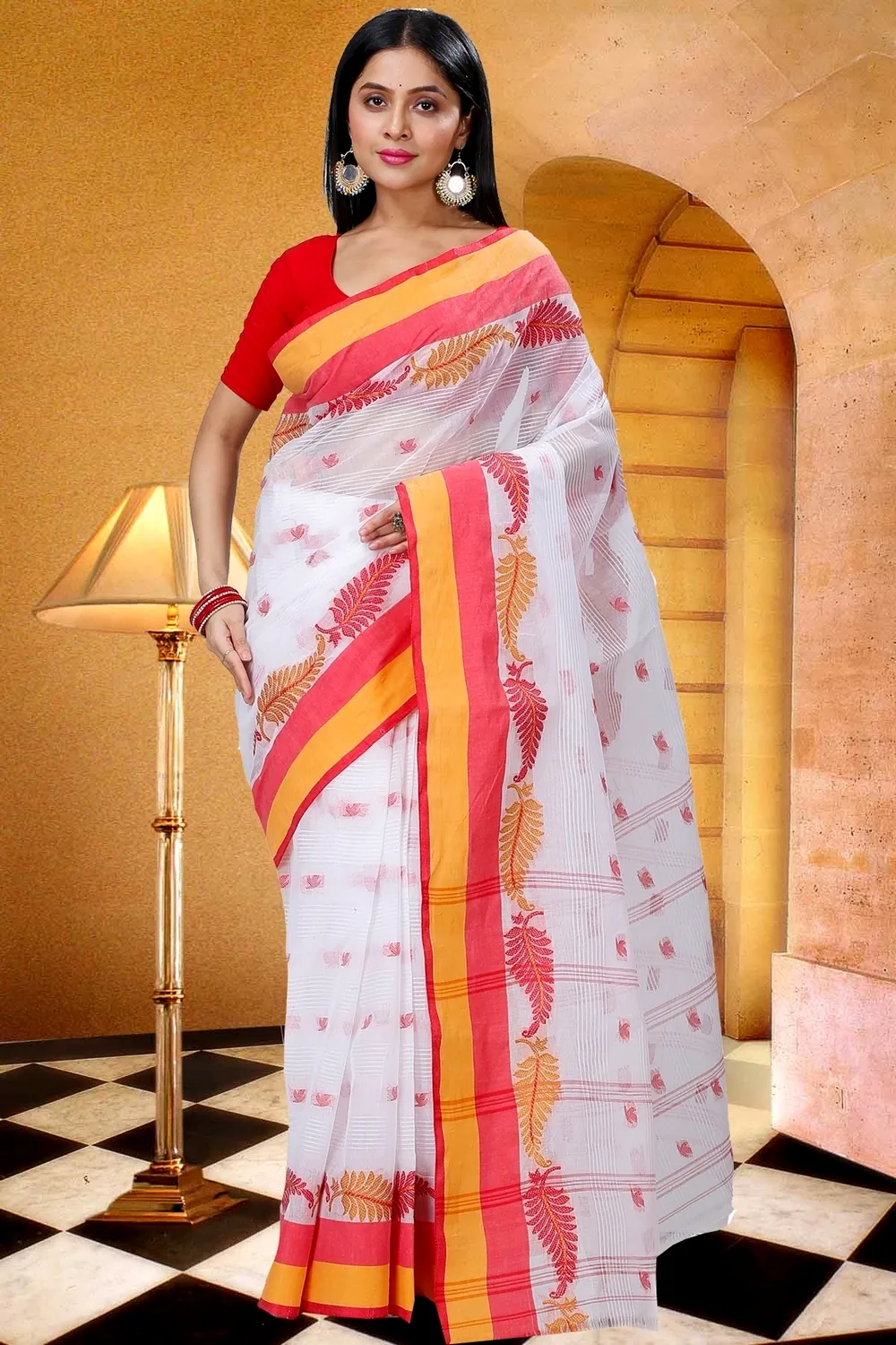 White Red Pure Cotton Nera Tant Saree (1330)
