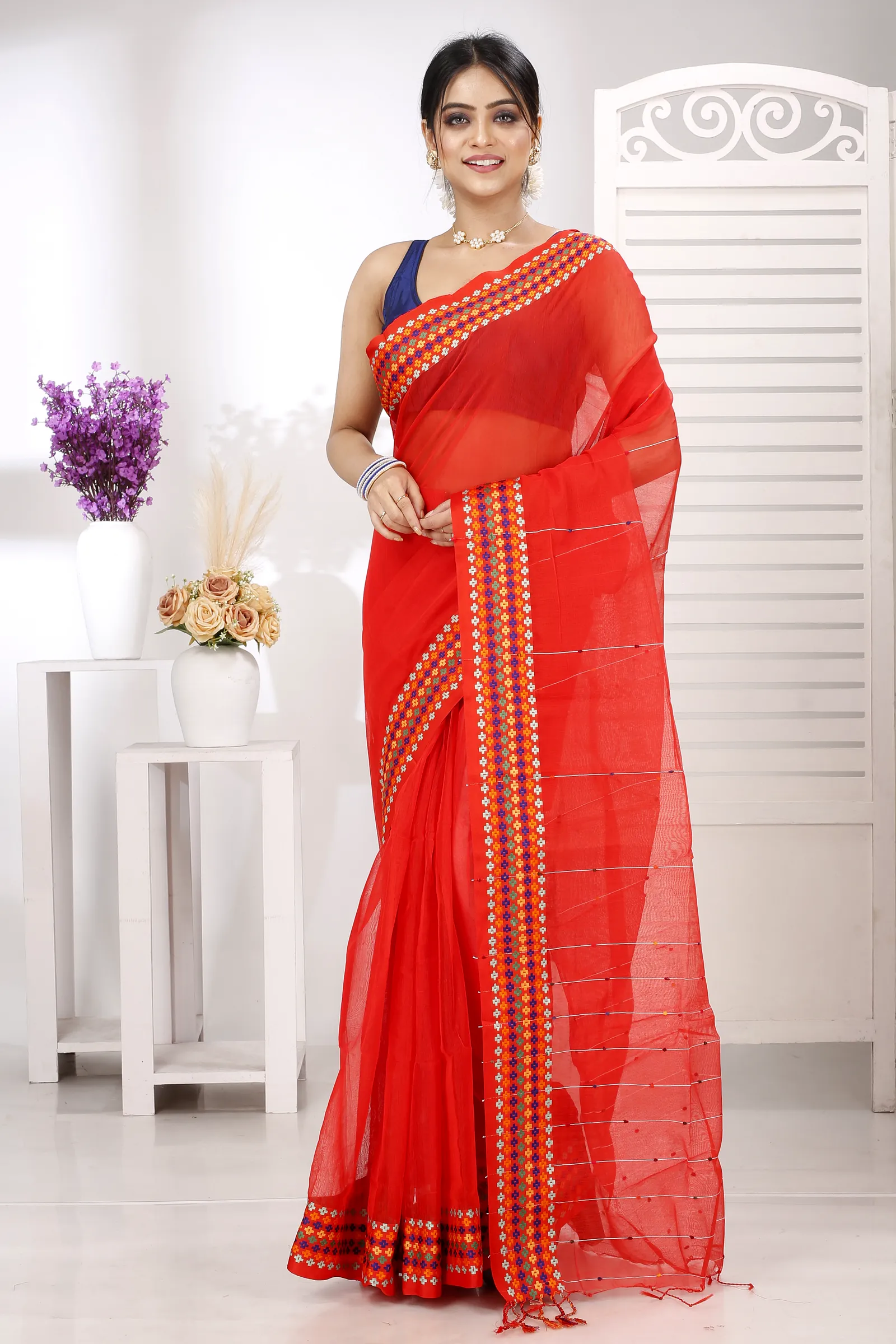 Red Cotton Popkn Hand Loom Saree (1331)