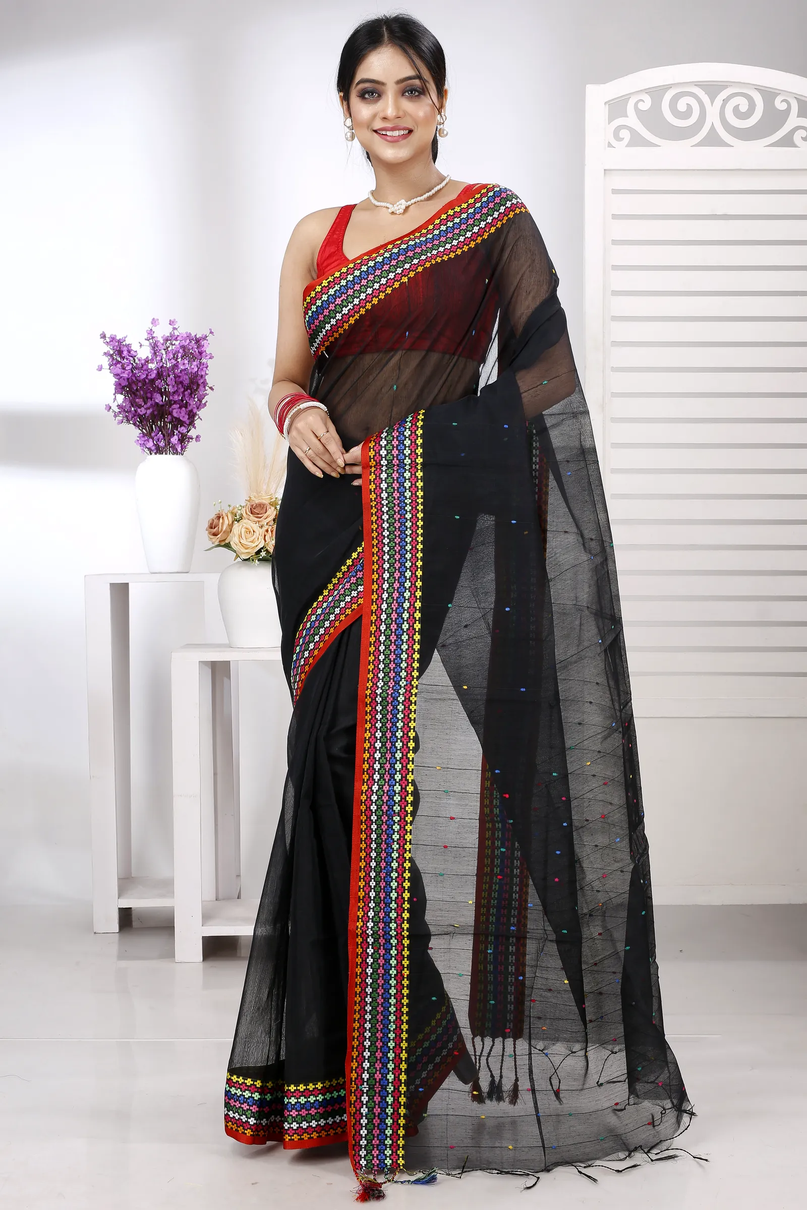 Black Cotton Popkn Hand Loom Saree (1332)