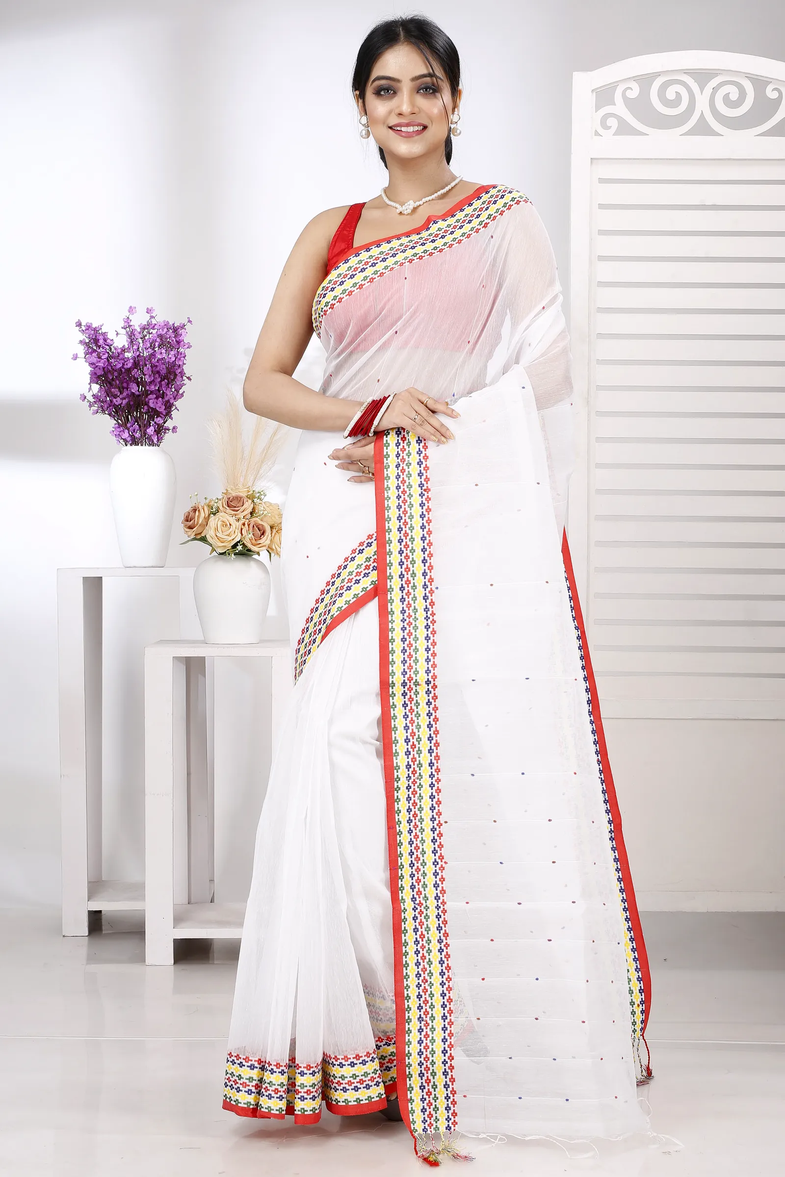 White Cotton Popkn Hand Loom Saree (1333)