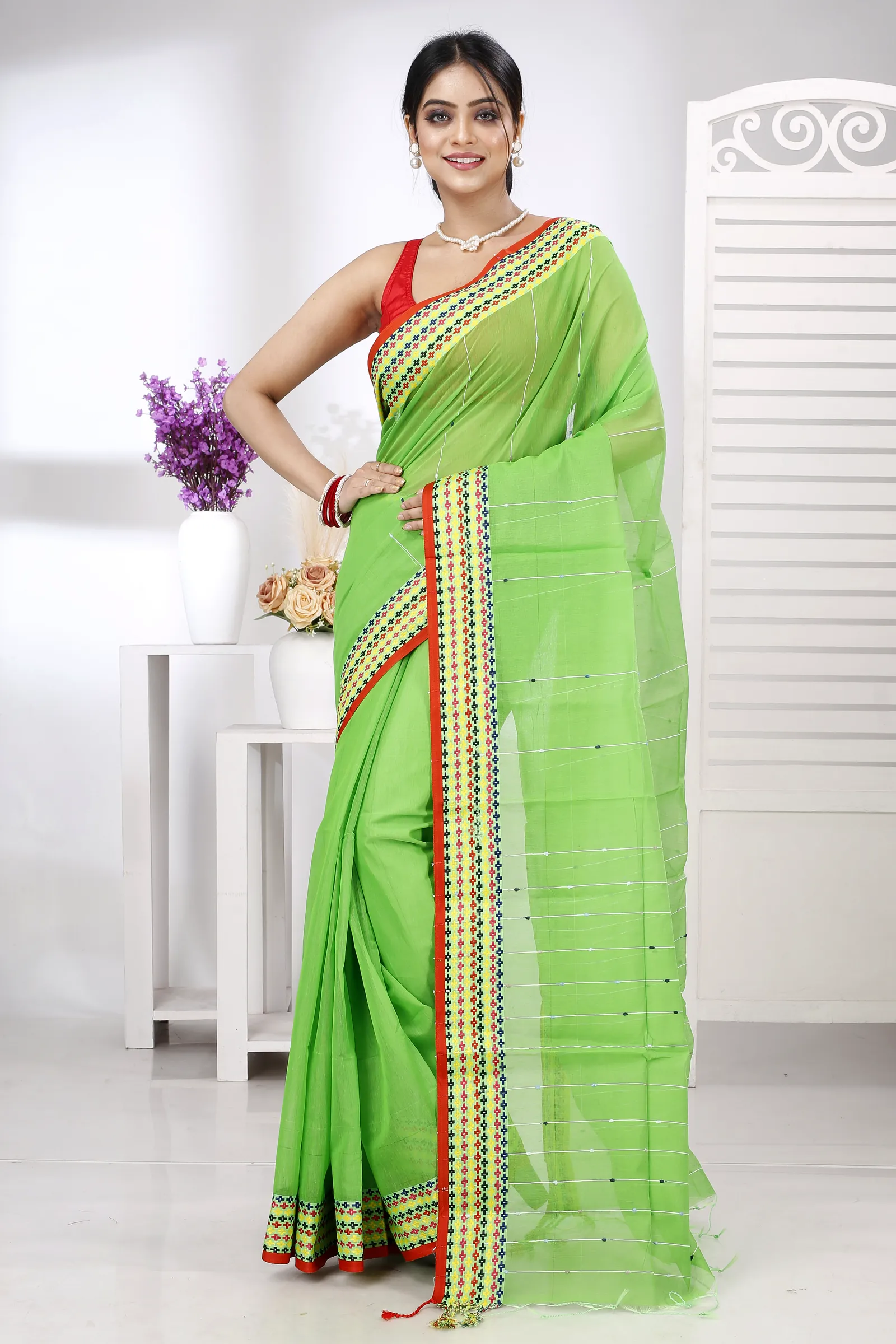 Green Cotton Popkn Hand Loom Saree (1335)