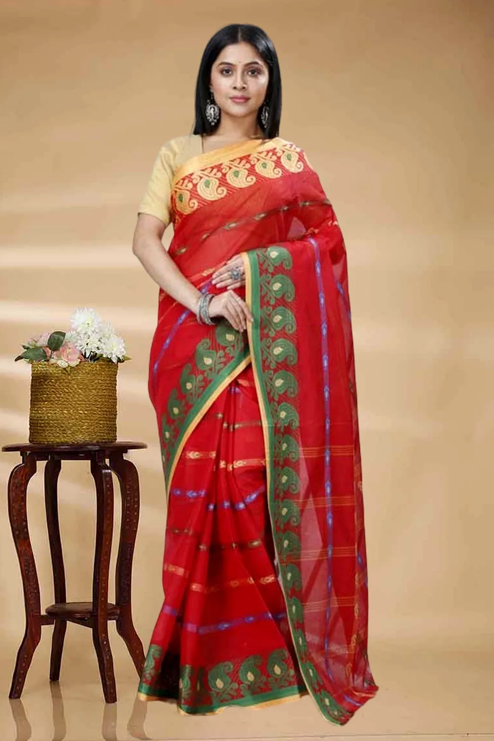 Red Pure Cotton Nehan Tant Saree (1354)