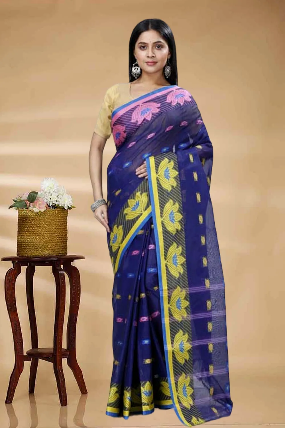 Dark Blue Pure Cotton Nayan Tant Saree (1358)