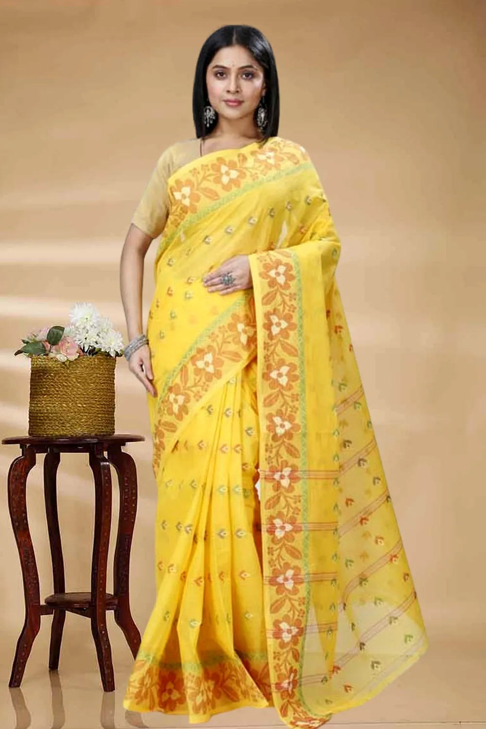 Yellow Pure Cotton Numan Tant Saree (1365)