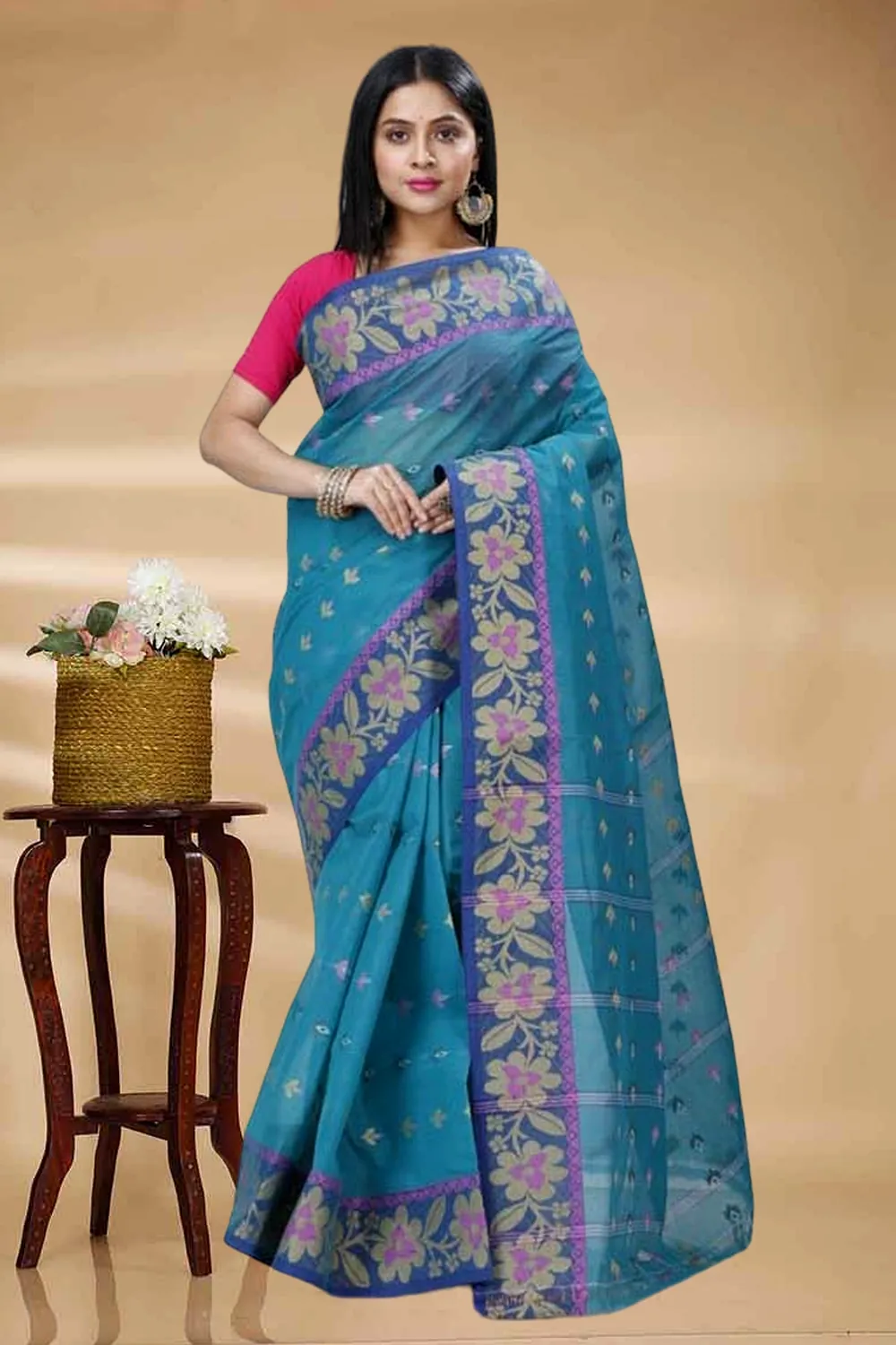 Dark Green Pure Cotton Numan Tant Saree (1366)