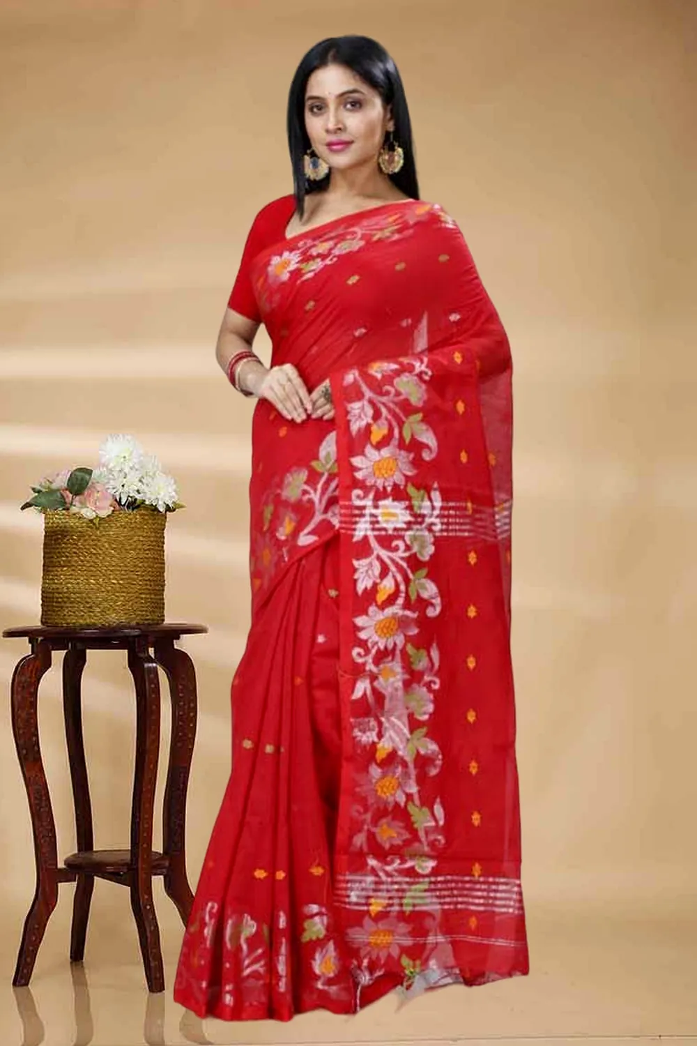 Red Blended Cotton Nisa Hand Loom Saree (1368)