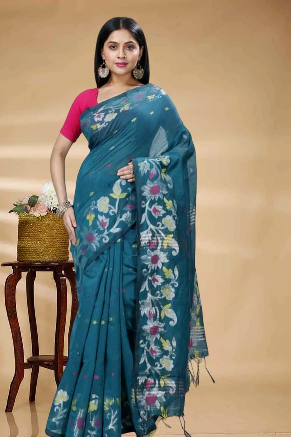 Dark Green Blended Cotton Nisa Hand Loom Saree (1369)