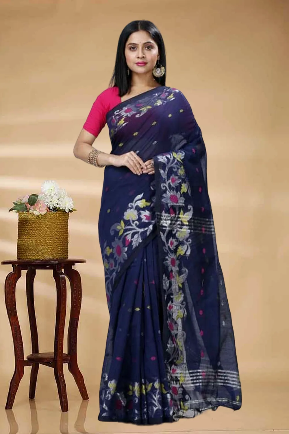 Dark Blue Blended Cotton Nisa Hand Loom Saree (1370)