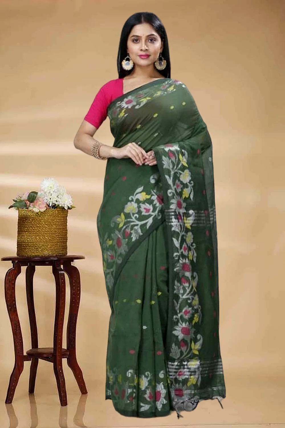 Botel Green Blended Cotton Nisa Hand Loom Saree (1371)
