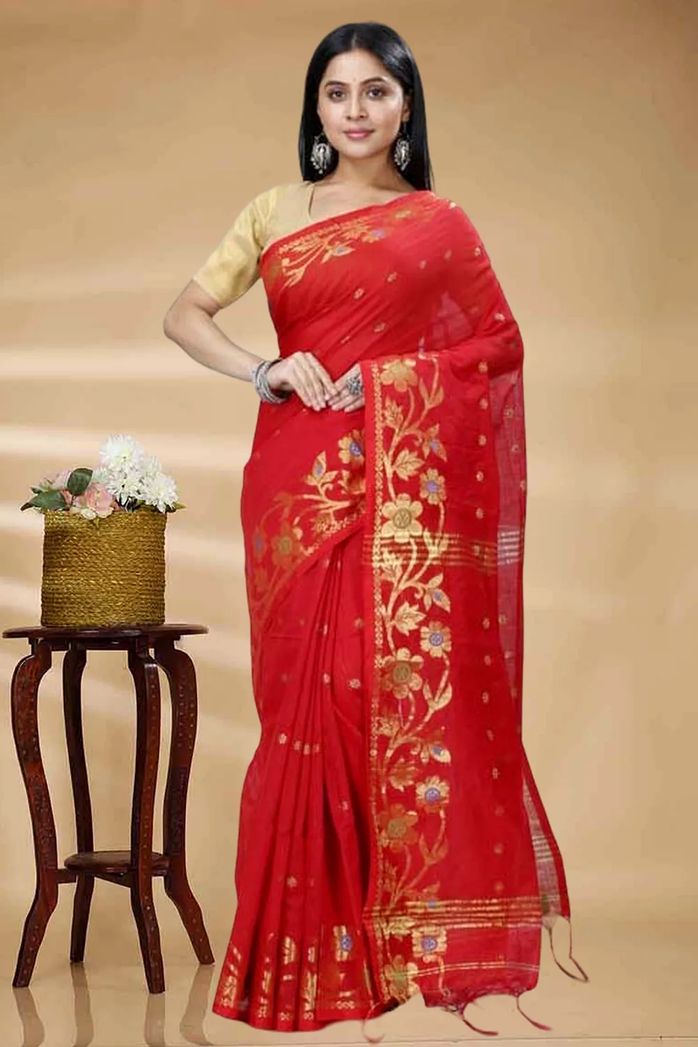 Red Blended Cotton Neel Hand Loom Saree (1373)