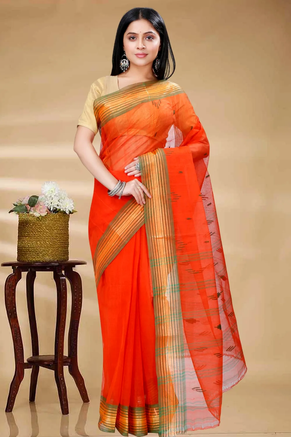 Orange Pure Cotton Naman Tant Saree (1378)