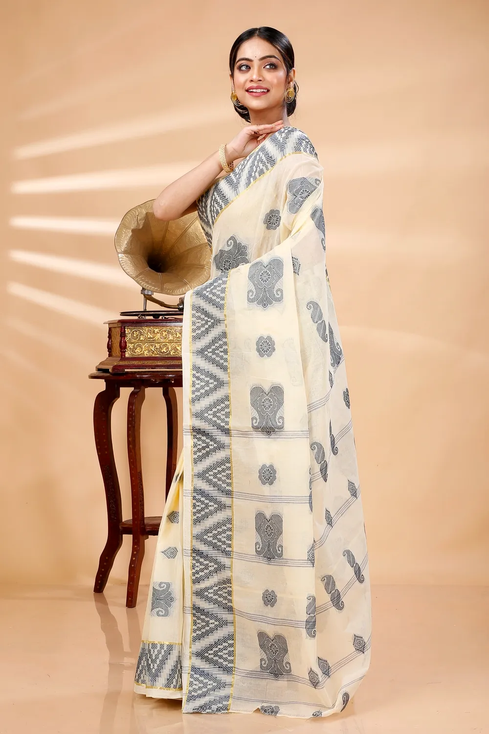 White Black Pure Cotton Gargi Tant Saree (1383)