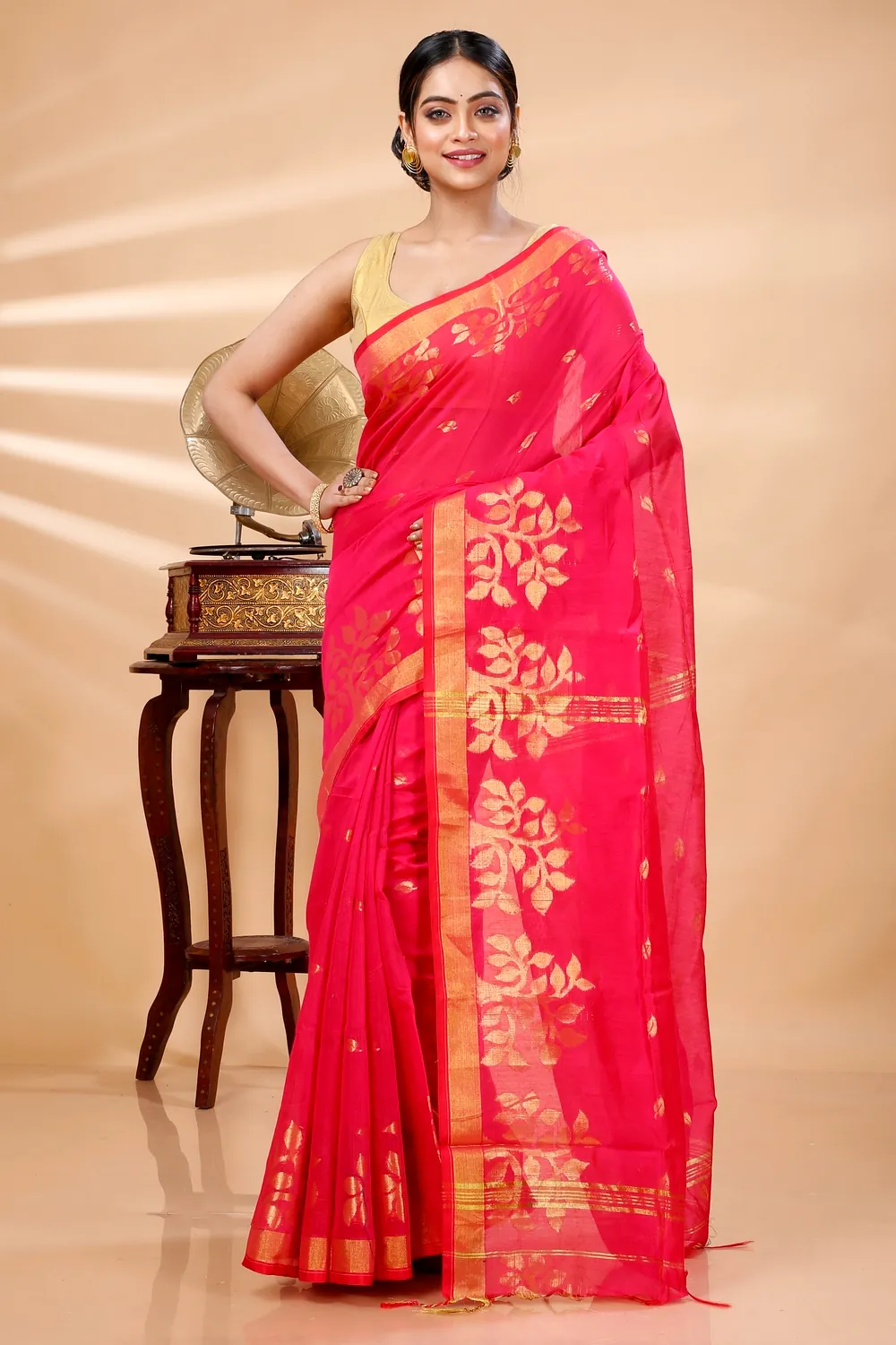 Pink Blended Cotton Tina Hand Loom Saree (1384)