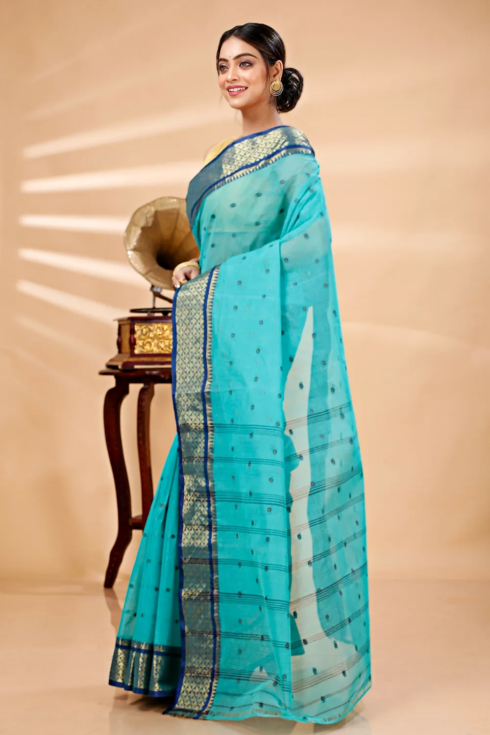 See Green Pure Cotton Peral Tant Saree (1386)