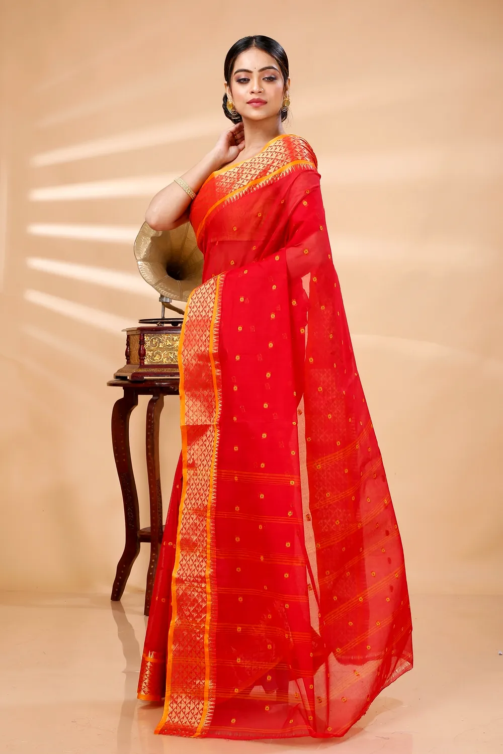 Red Pure Cotton Peral Tant Saree (1387)
