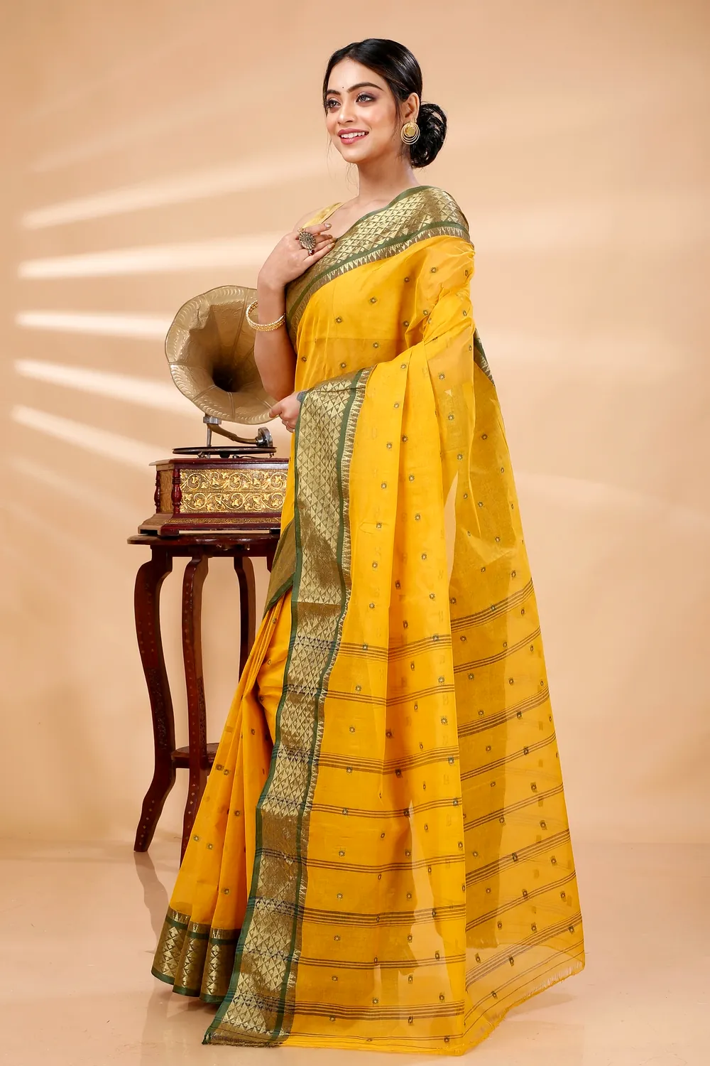 Yellow Pure Cotton Peral Tant Saree (1388)