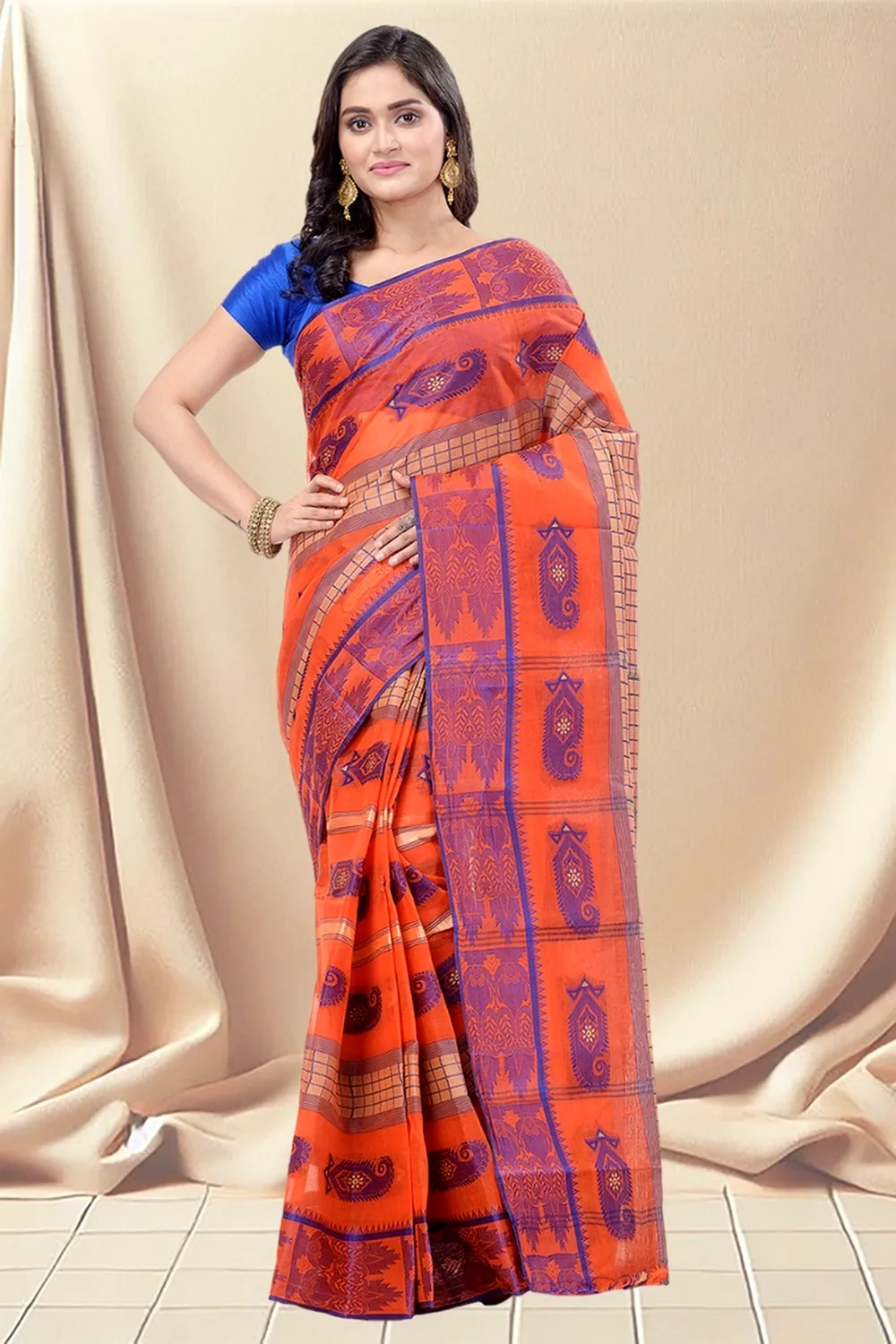 Orange Pure Cotton Vagmi_Buti Tant Saree (139)