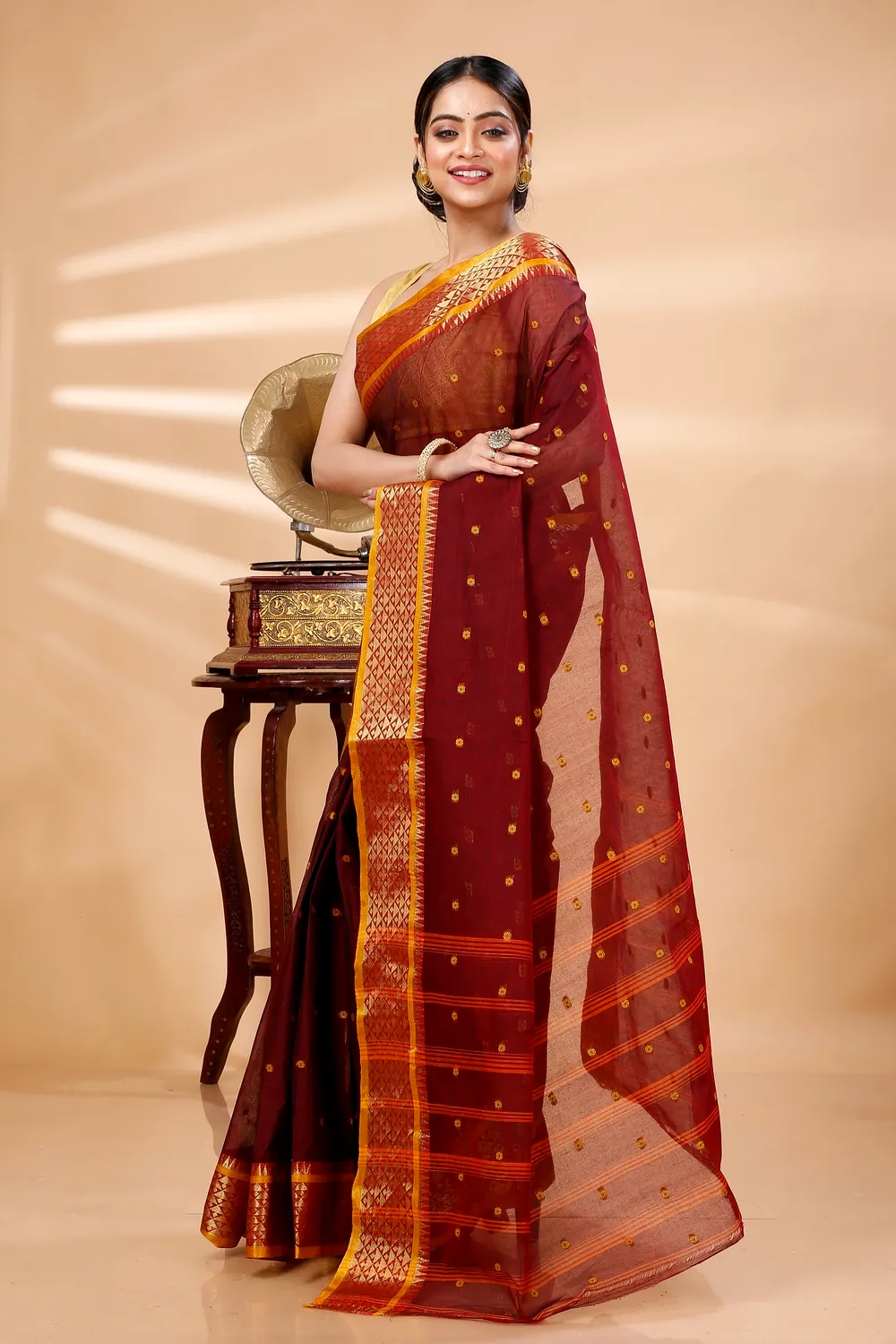 Brown Pure Cotton Peral Tant Saree (1390)