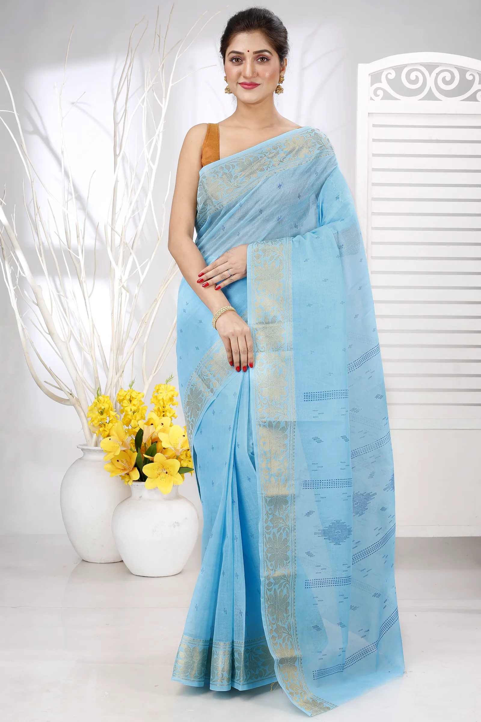 Sky Blue Pure Cotton Purvi Tant Saree Print (1391)