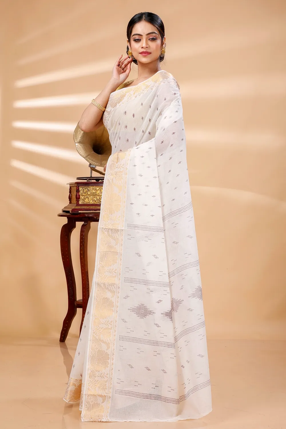 White Pure Cotton Purvi Tant Saree Print (1392)