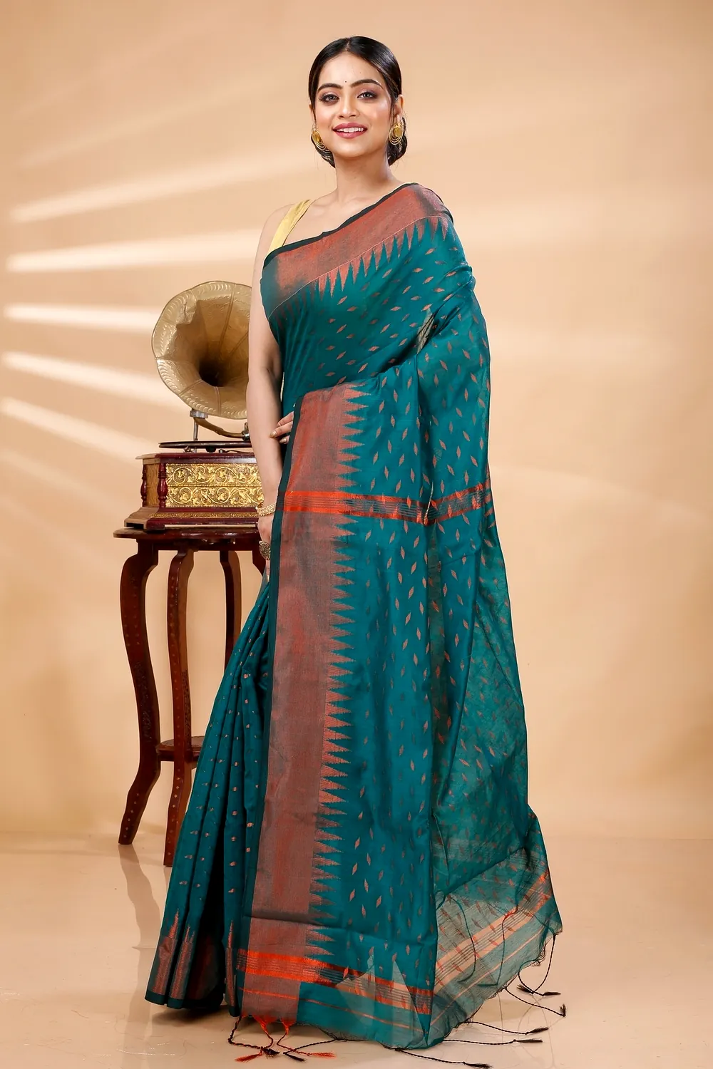 Dark Green Blended Cotton Prisha Hand Loom Saree (1396)