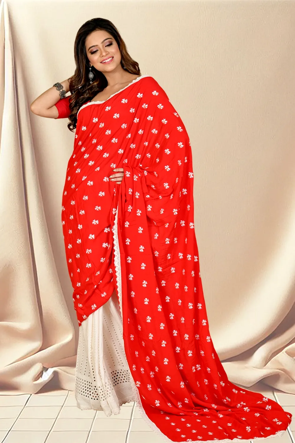 Red White Pure Cotton LalPori Hand Loom Saree (14)