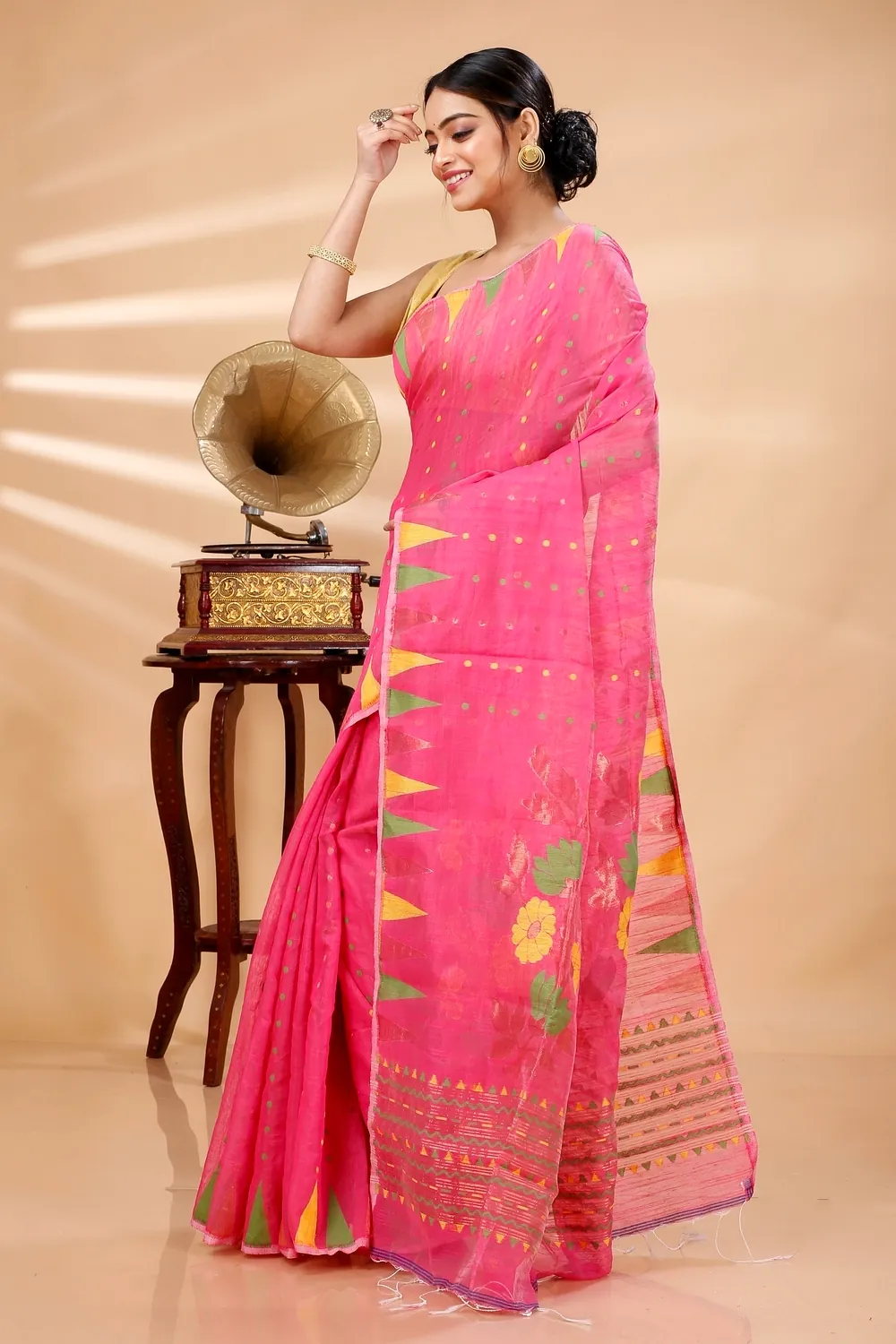 Pink Blended Cotton Pilu Hand Loom Saree (1401)