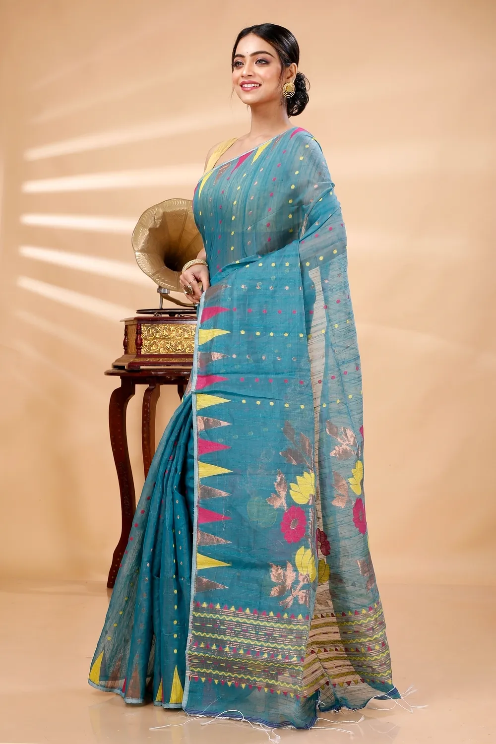 Dark Green Blended Cotton Pilu Hand Loom Saree (1402)