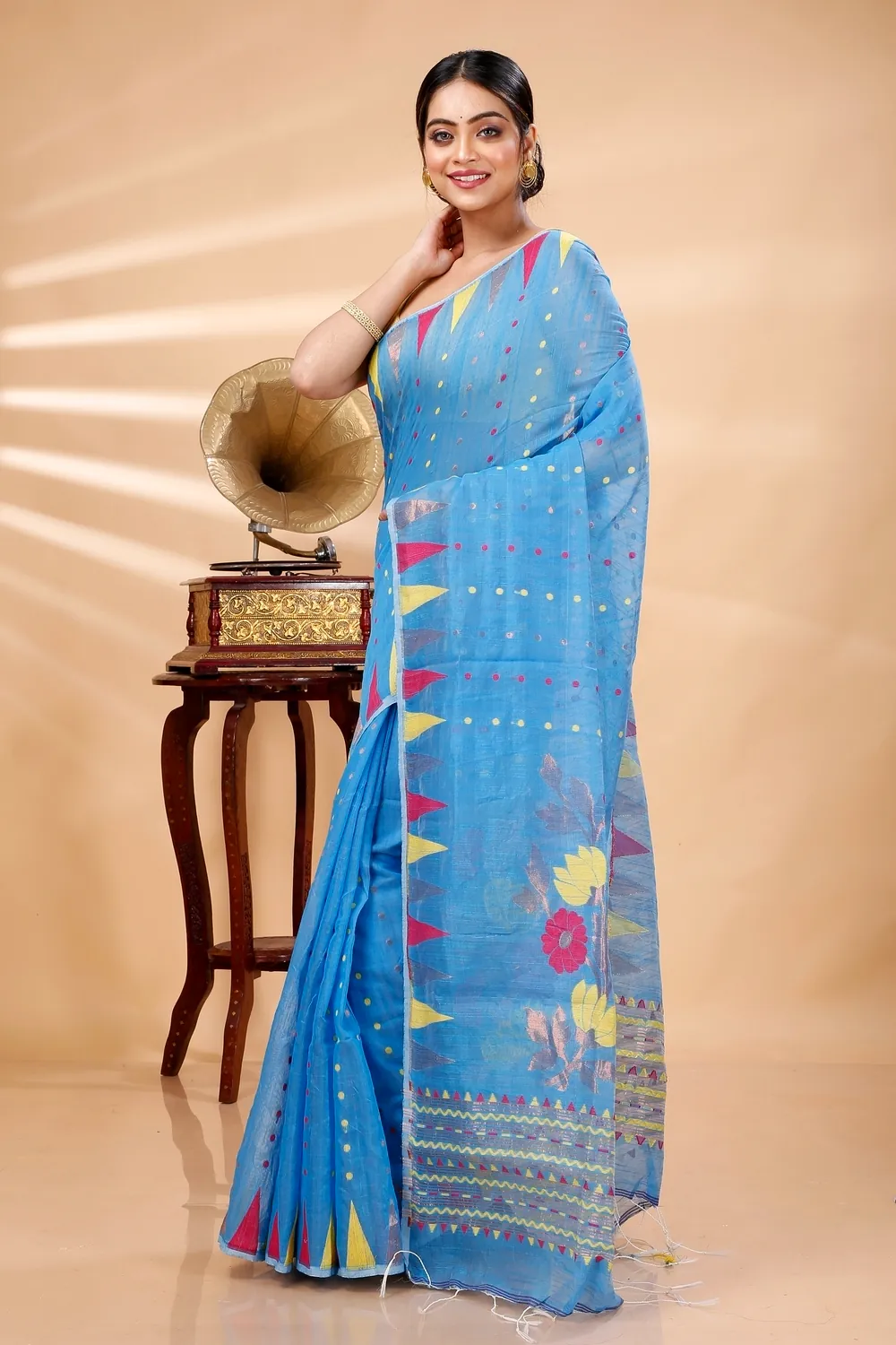 Sky Blue Blended Cotton Pilu Hand Loom Saree (1403)