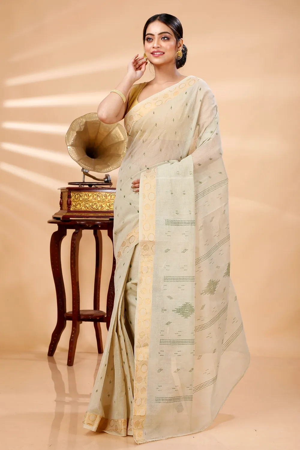 Cream Pure Cotton Porna Tant Saree Print (1406)
