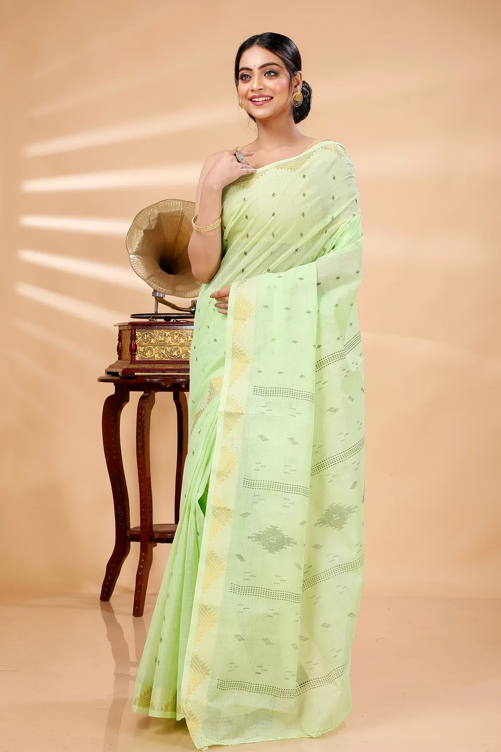 Light Green Pure Cotton Porna Tant Saree Print (1408)