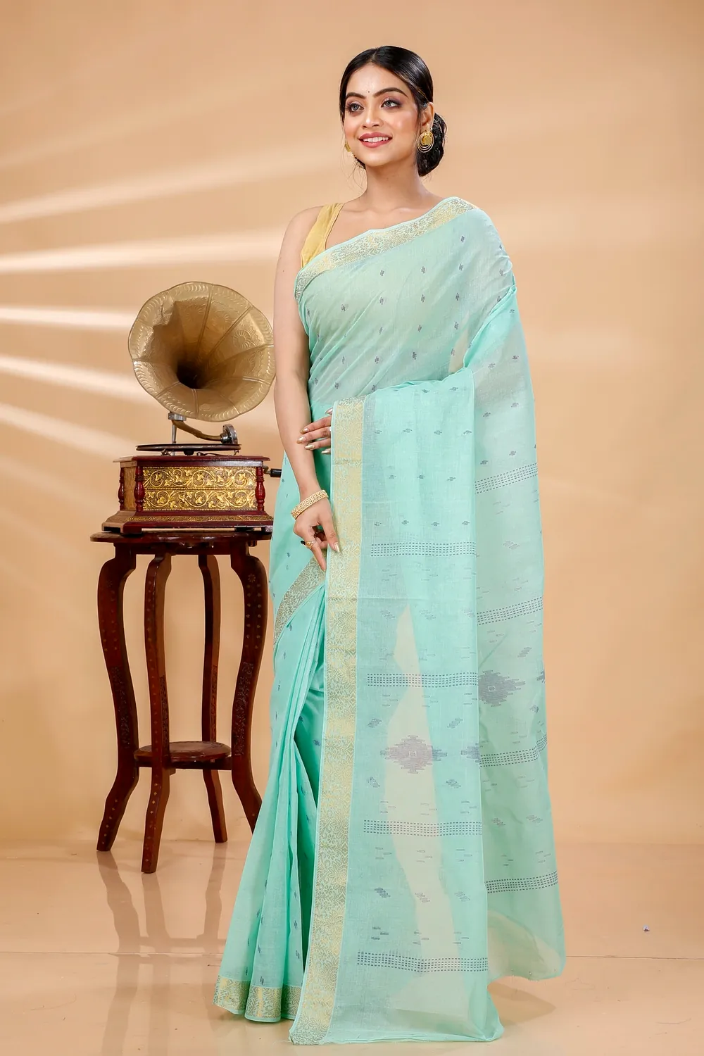 Light Green Pure Cotton Porna Tant Saree Print (1410)