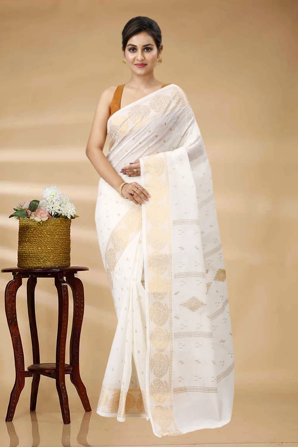 White Brown Pure Cotton Levi Tant Saree Print (1411)