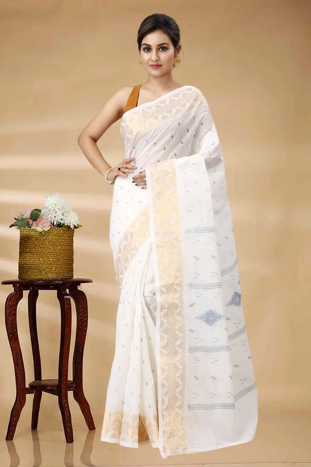 White Blue Pure Cotton Levi Tant Saree Print (1413)