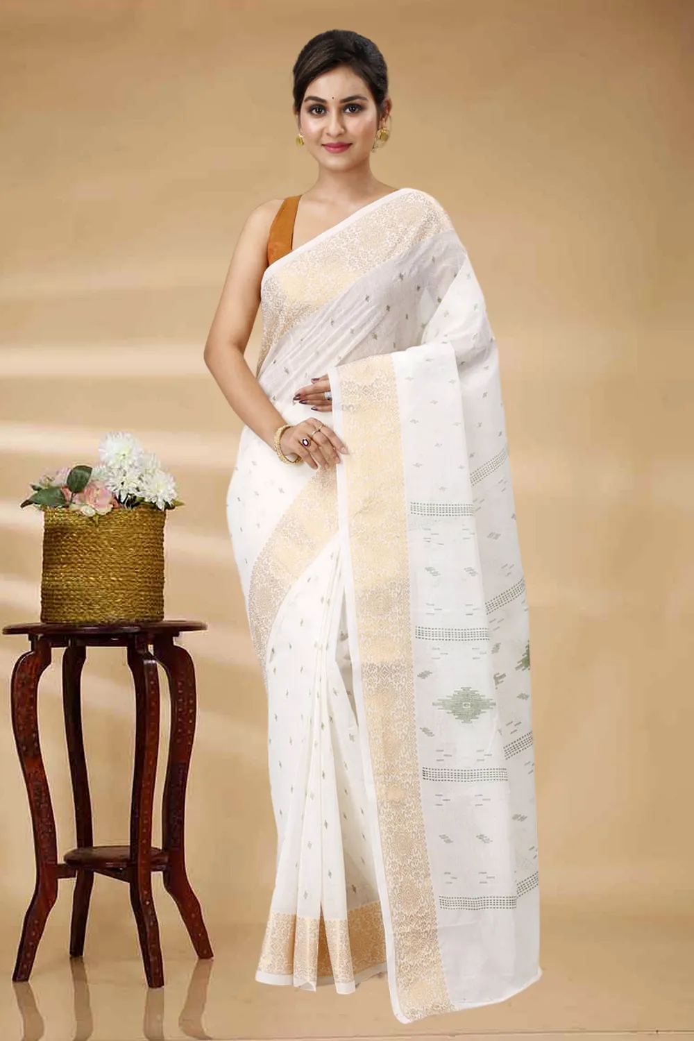 White Green Pure Cotton Levi Tant Saree Print (1414)