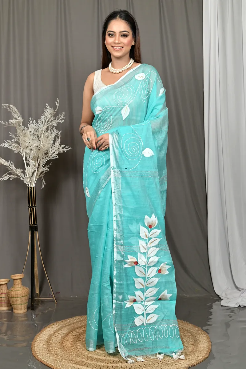 See Blue Cotton Souvar Hand Painted Saree  (142)